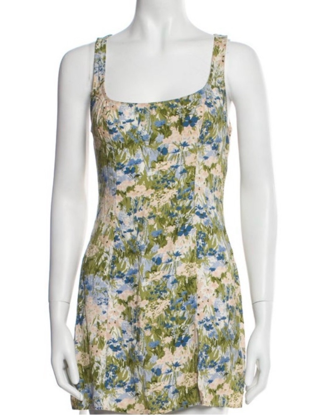 Reformation - Floral Scoop Neck Mini Dress in Green & Blue with small side slit